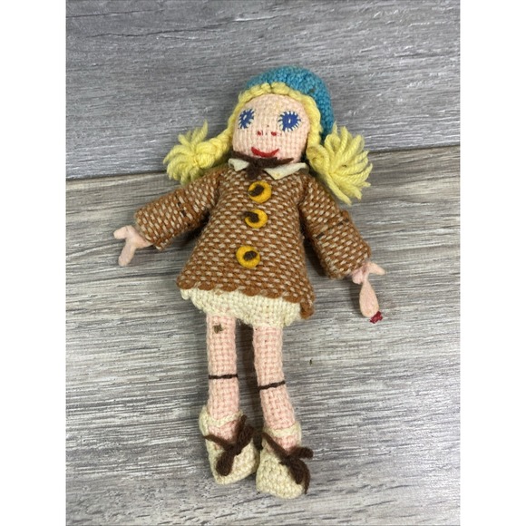 The Unbranded Brand Other - Unbranded Vintage Crochet Doll Girl Small Brown Blue Good Handmade Folk Art Toy‎